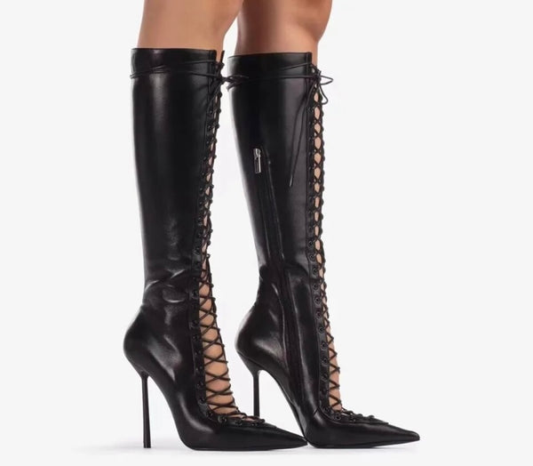 Women Black Pointed Toe Lace Up Ankle/Knee High Fashion Boots