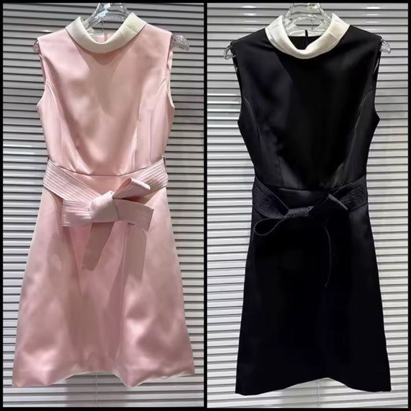 Women Collar Sleeveless Belted Fashion Dress
