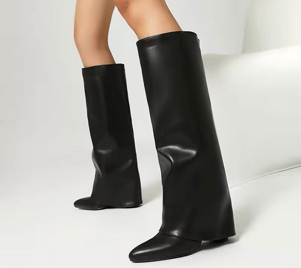 Women Color Pointed Toe Faux Leather Knee High Boots