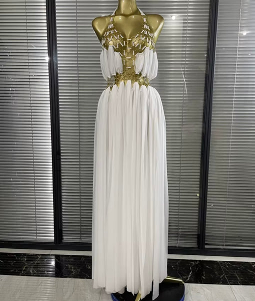 Women Sexy Halter Sleeveless Metal Ring Chiffon Maxi Dress