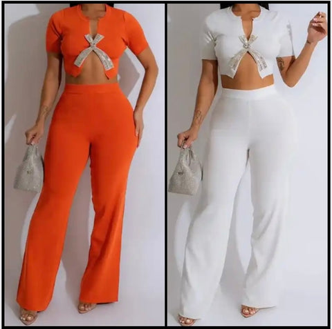 Women Sexy Solid Color Bling Bow Short Sleeve Two Piece Pant Set