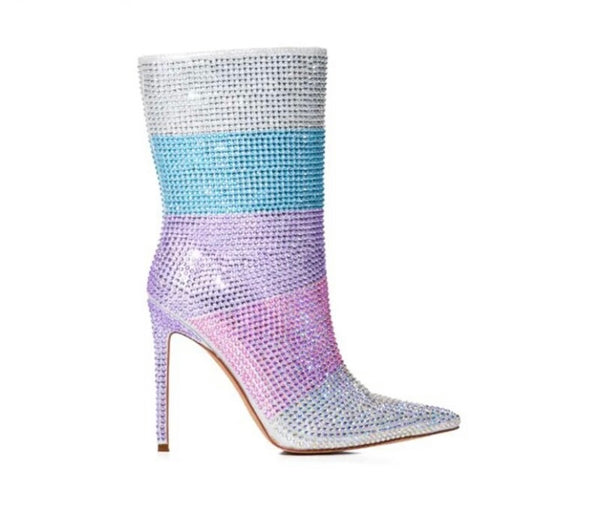 Women Colorful Bling Rhinestone Fashion Zip Up Ankle Boots