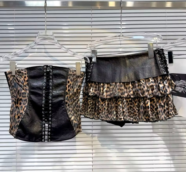 Women Sexy Strapless Faux Leather Leopard Print Two Piece Skirt Set