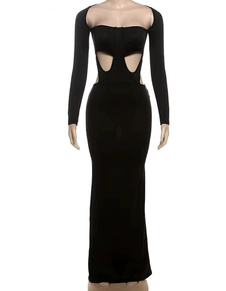 Women Sexy Black Cut Out Full Sleeve Maxi Dress