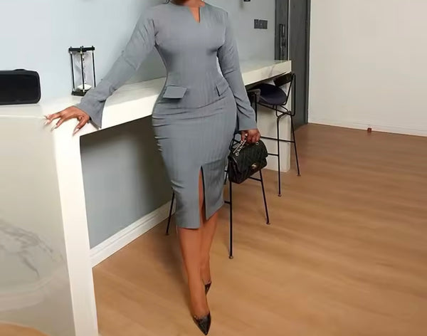 Women Sexy Solid Color Pocket Full Sleeve Dress