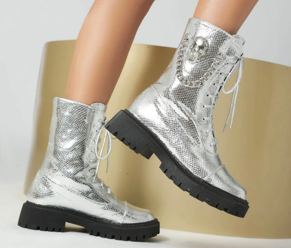 Women Fashion Metallic Skeleton Chain Lace Up Boots