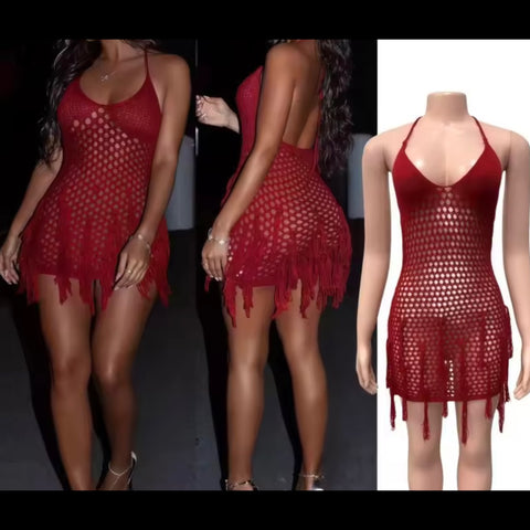Women Sexy Sleeveless Red Knitted Fringe Dress