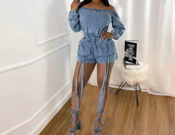 Women Sexy Off The Shoulder Full Sleeve Tie Up Denim Romper