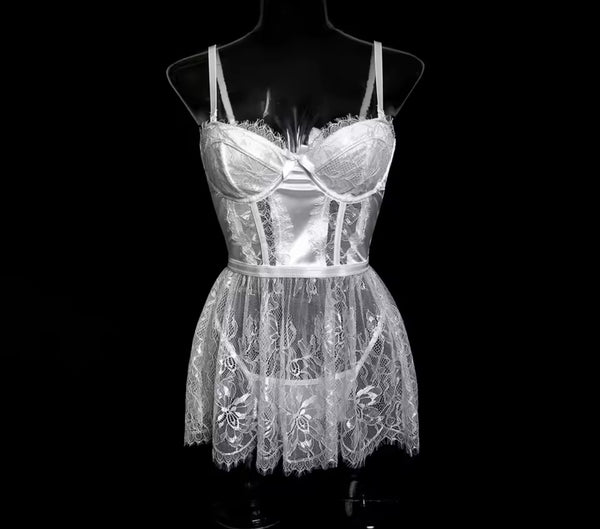 Women Sexy White Lace Nightgown Lingerie Set