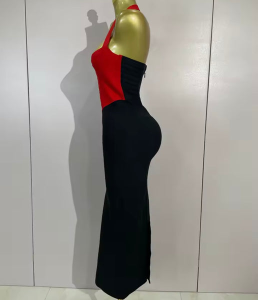 Women Sexy Color Patchwork Halter Sleeveless Maxi Dress