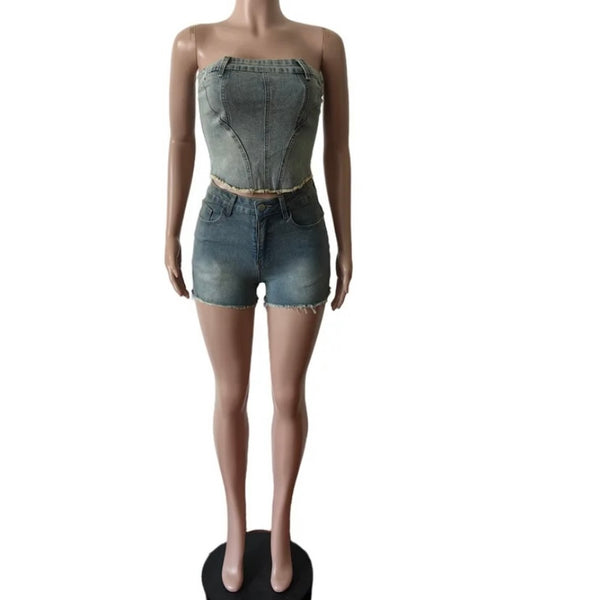 Women Two Piece Sexy Strapless Crop Denim Short Set