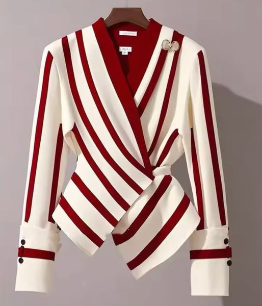 Women Fashion Striped Full Sleeve Wrap Blazer Top