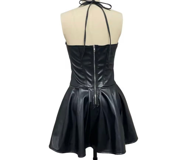 Women Sexy Halter Sleeveless Faux Leather Pleated Dress