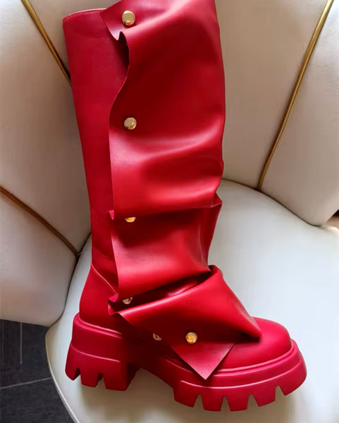 Women Fashion Color Button Faux Leather Flat Boots