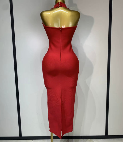 Women Sexy Halter Sleeveless Beaded Rhinestone Maxi Dress