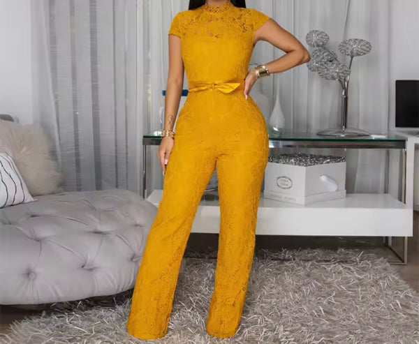 Women Sexy Fashion Lace Short Sleeve Two Piece Jumpsuit