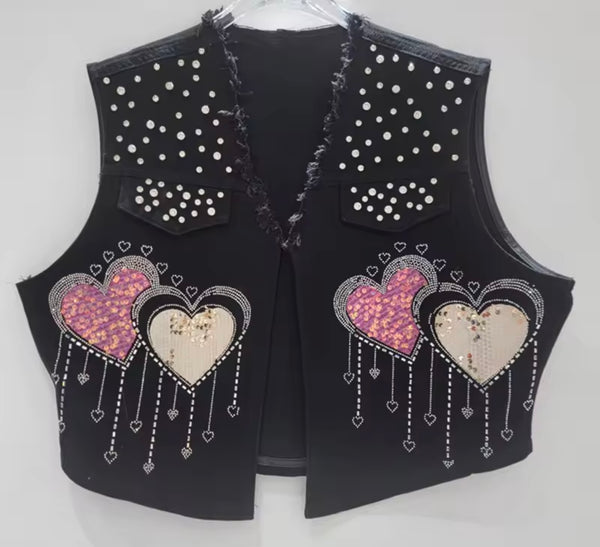 Women Sleeveless Rhinestone Sequins Heart Denim Two Piece Pant Set