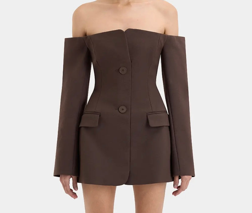 Women Sexy Off The Shoulder Button Up Full Sleeve Blazer Dress