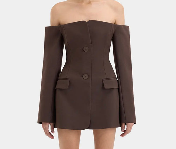 Women Sexy Off The Shoulder Button Up Full Sleeve Blazer Dress