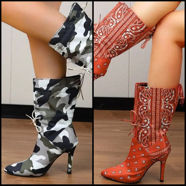 Women Printed Lace Up Fashion Ankle Boots