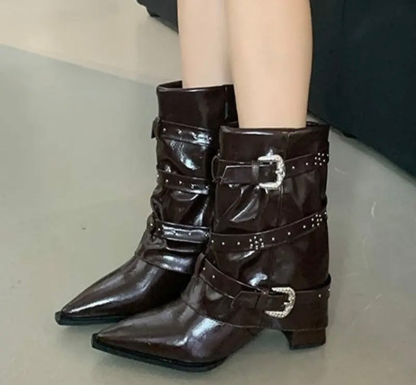 Women Pointed Toe Buckled Fashion Ankle Boots