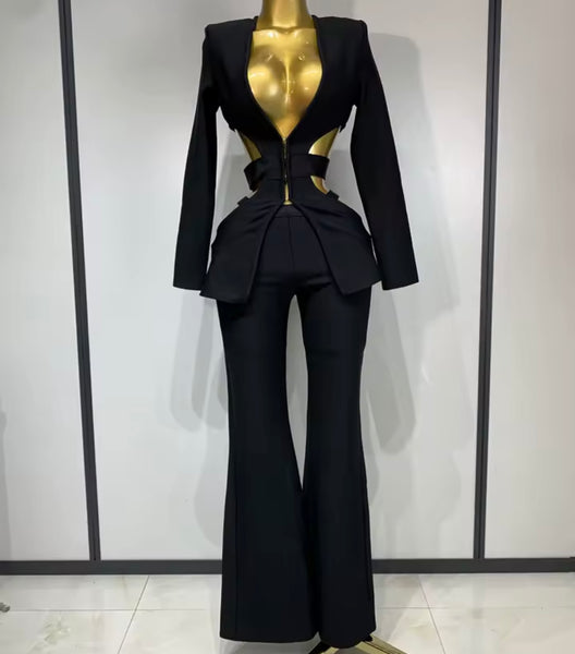 Women Black Fashion Hollow Out Full Sleeve Blazer Two Piece Pant Set