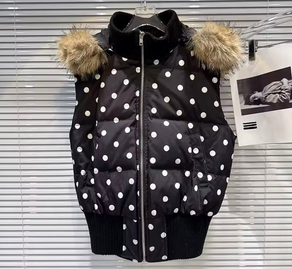 Women B&W Polka Dot Fur Hooded Zip Up Puff Vest Jacket