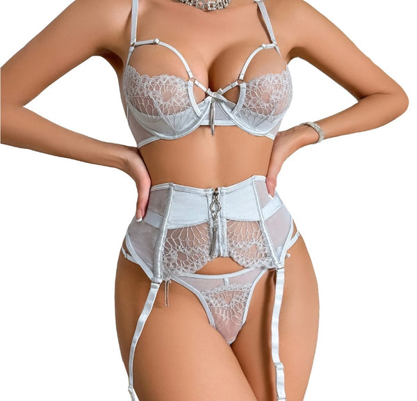 Women Sexy Silver Lace Lingerie Set