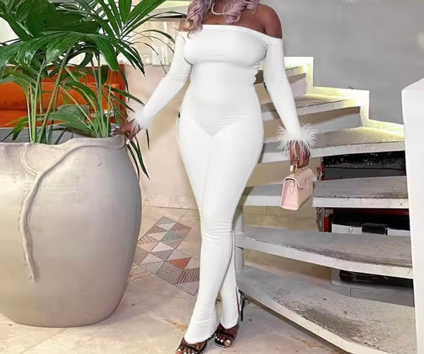 Women Off The Shoulder Feather Full Sleeve Fashion Jumpsuit
