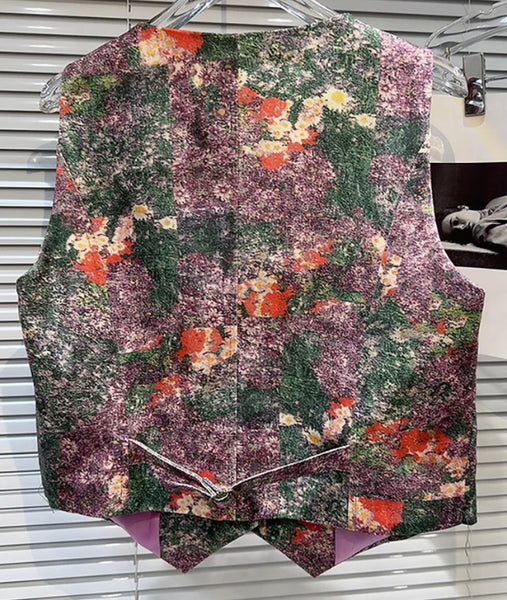 Women Purple Floral Fashion Button Up Vest Two Piece Denim Cargo Pant Set