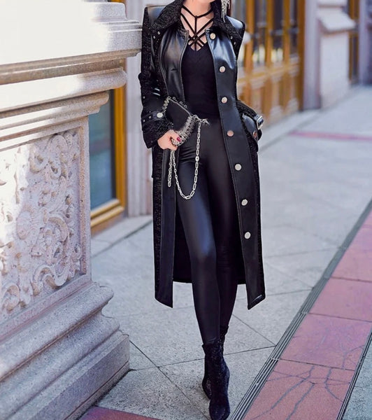 Women Fashion Black Faux Leather Platform Trench Jacket