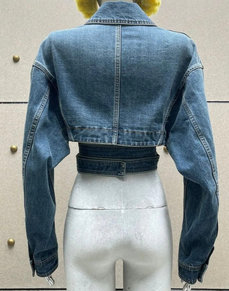 Women Fashion Denim Wrap Crop Jacket