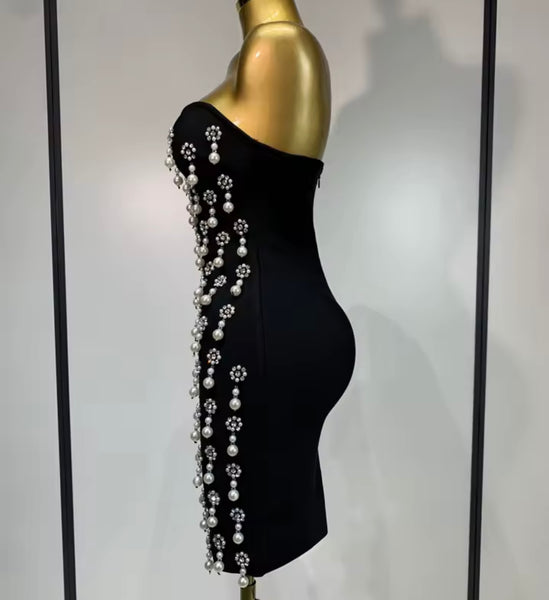 Women Black Sexy Strapless Pearl Rhinestone Dress