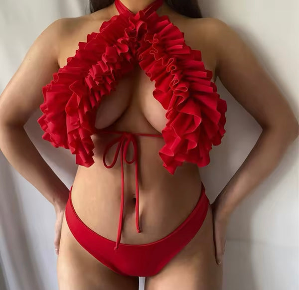 Women Sexy Color Ruffled Halter Bikini Swimsuit