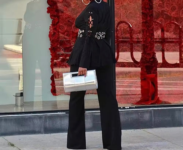 Women Full Sleeve Metal Hollow Out Blazer Two Piece Pant Set