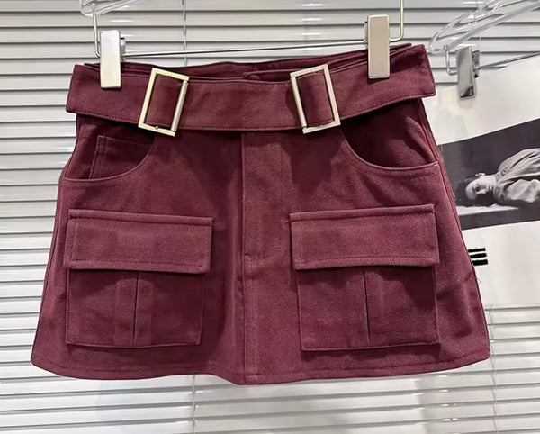 Women Sexy Fashion Suede Buckle Pocket Skirt