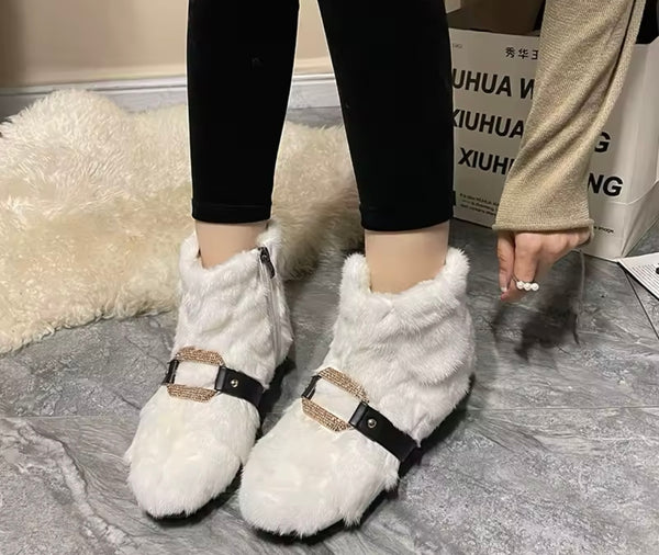 Women Fashion Bling Buckled Faux Fur Ankle Boots