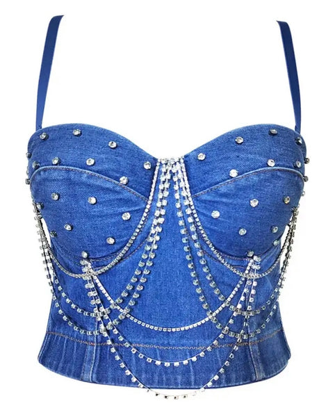 Women Sleeveless Rhinestone Fashion Denim Crop Top