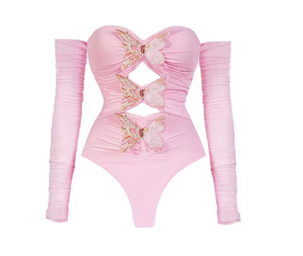 Women Sexy Butterfly Cut Out Pink Full/Sleeveless Swimsuit Cover Up Set
