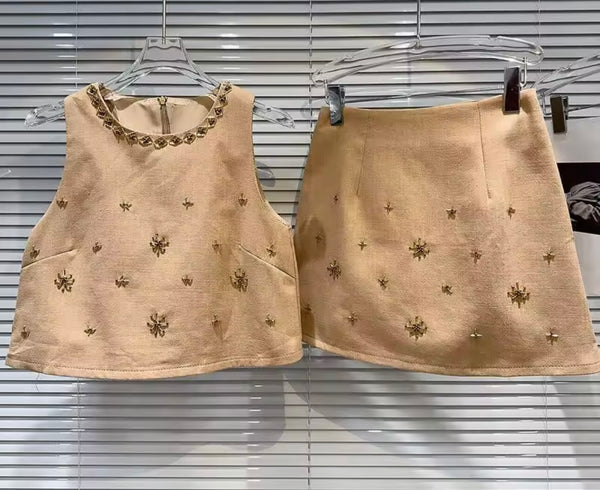 Women Beaded Sleeveless Two Piece Skirt Set
