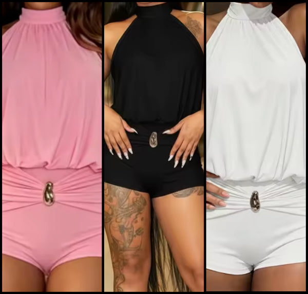 Women Sexy Halter Open Back Sleeveless Ruched Romper