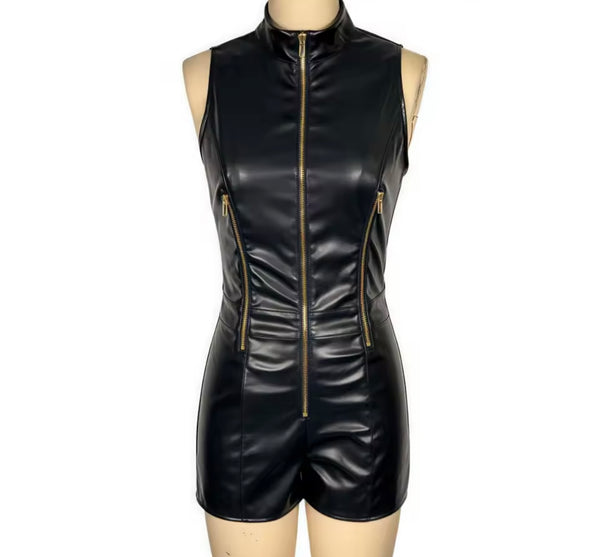 Women Black Zip Up Sleeveless PU Fashion Romper