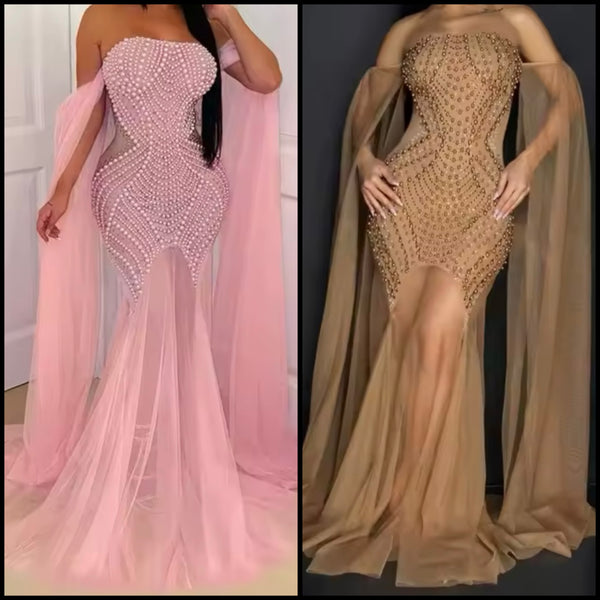 Women Sexy Strapless Beaded Mesh Maxi Dress