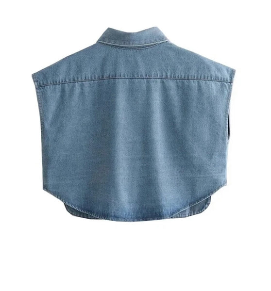 Women Fashion Sleeveless Button Up Denim Crop Top