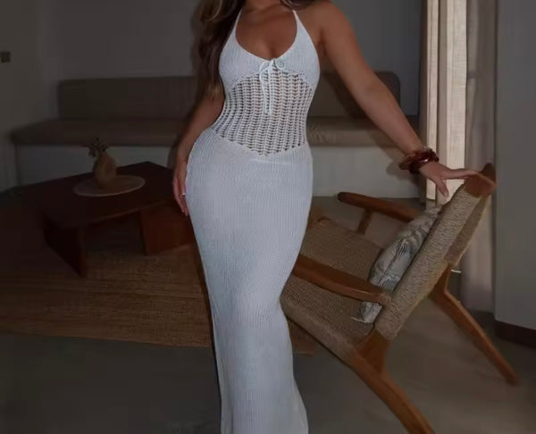 Women Sexy White Halter Sleeveless Knitted Maxi Dress
