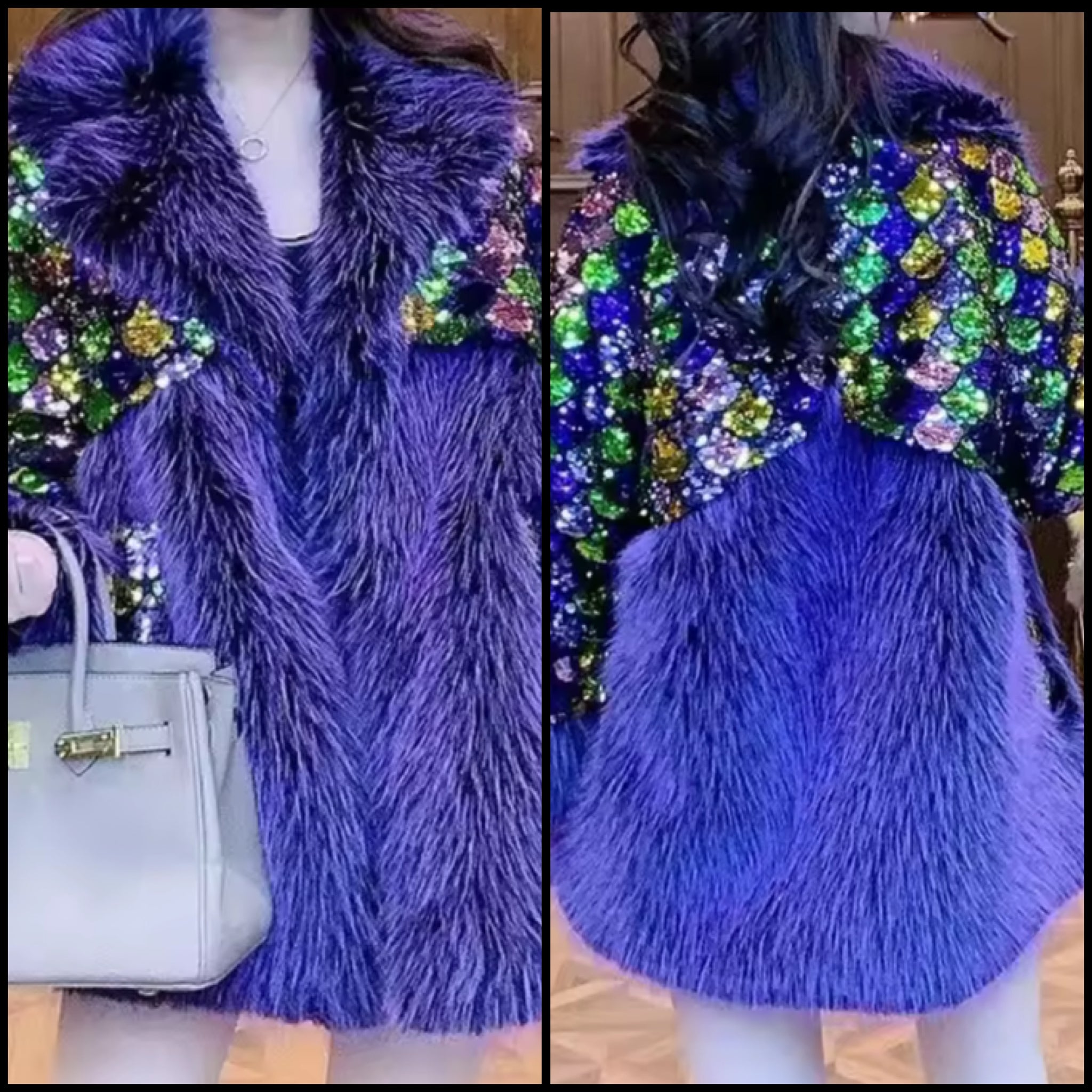 Women Purple Sequins Faux Fur Fashion Jacket