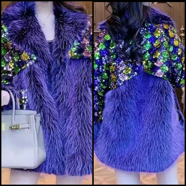 Women Purple Sequins Faux Fur Fashion Jacket