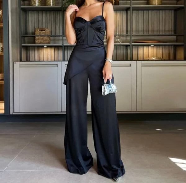 Women Black Sexy Satin Sleeveless Wide Leg Jumpsuit