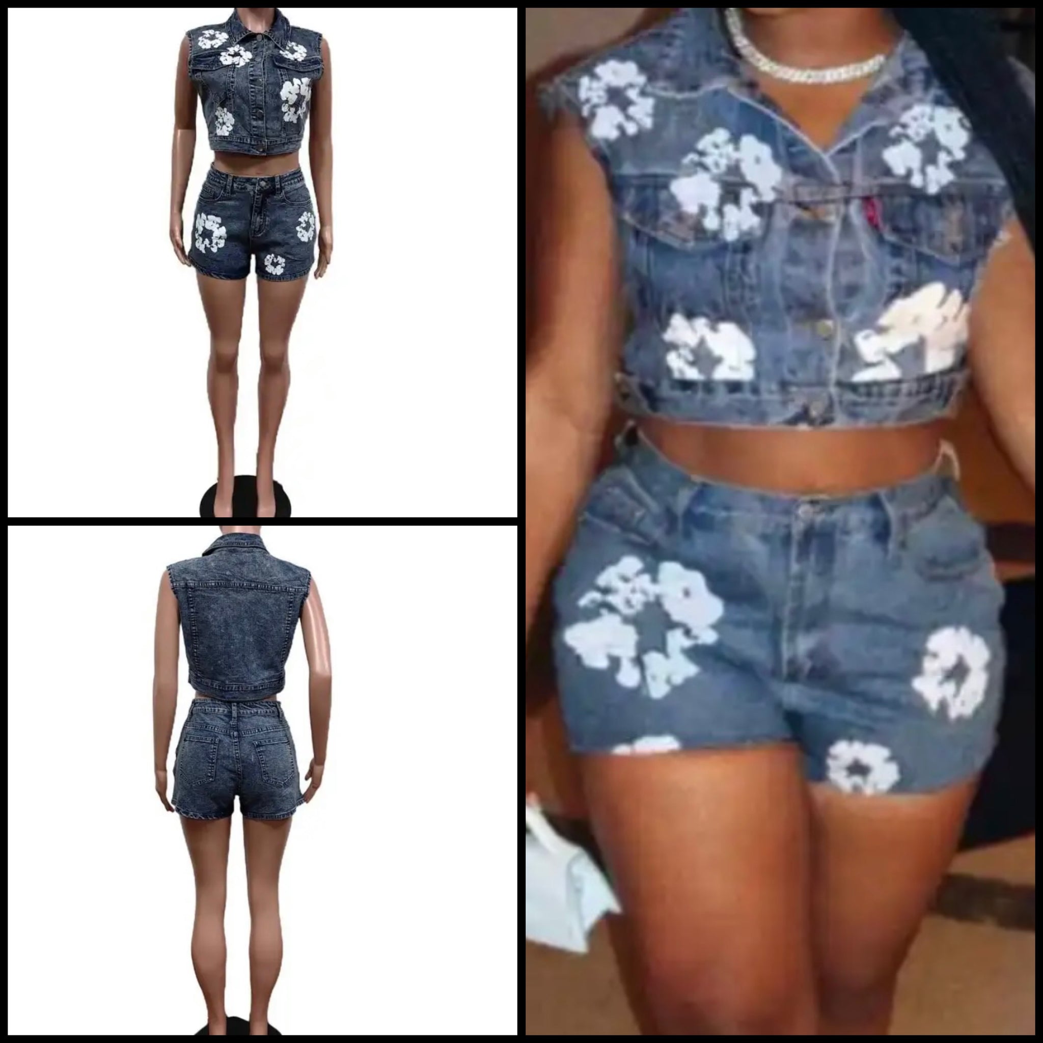 Women Fashion Floral Print Two Piece Denim Vest Short Set