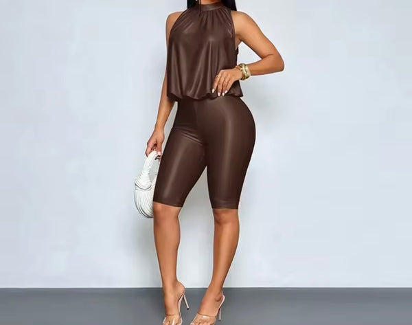 Women Fashion PU Sleeveless Romper